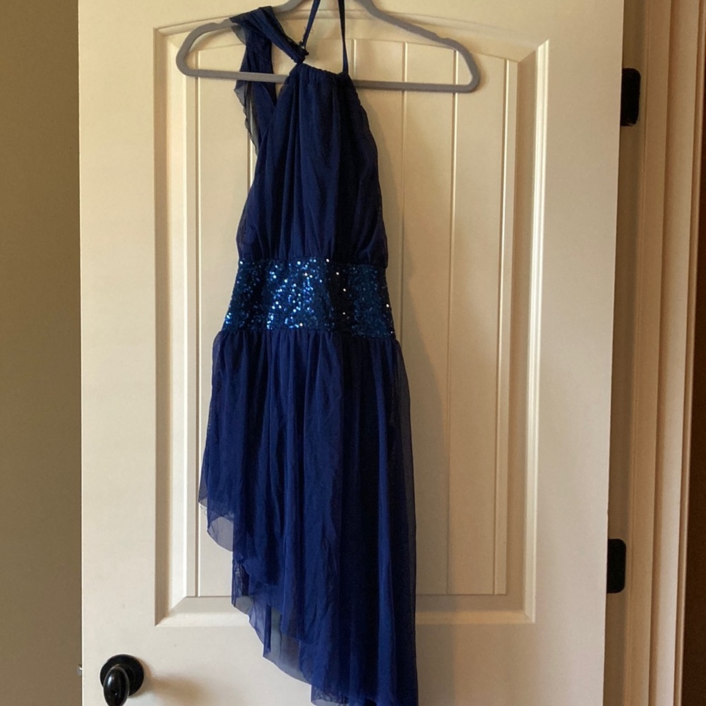 Elegant Blue Halter Dance Costume with Sequin Detail
